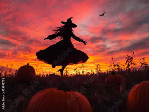 Halloween witch flying. A spooky silhouette of a witch flying over a pumpkin patch photo