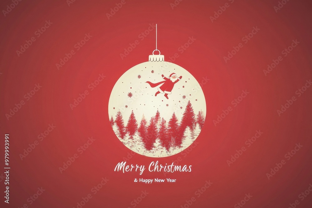 Minimalist Christmas bauble illustration featuring Santa flying over a snowy forest, with a Minimalist Christmas bauble illustration featuring Santa flying over a snowy forest, with a