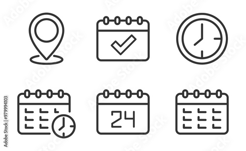 Calendars thin line icon set. Containing date, schedule, month, week, appointment, agenda, organization and event icons. Editable stroke. Calendar outline symbol collection. Vector illustration photo