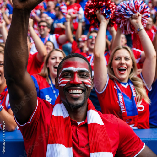 A cheerful sports fan with face paint in red and white, wearing a matching scarf, passionately cheers during a live sports event. Energy, excitement, sports, celebration, and community spirit. photo