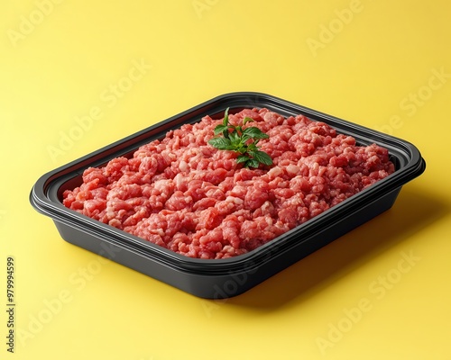 Top view mockup collection of black plastic trays with raw minced meat and clipping path included