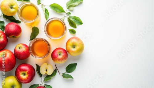 Top view of apples and apple cider on white background with copy space Organic red and yellow apples