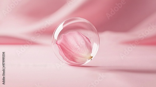  A close-up of a pink flower inside a glass ball on a pink background with a blurry backdrop