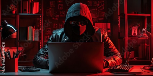 criminal using laptop computer, home office,  photo