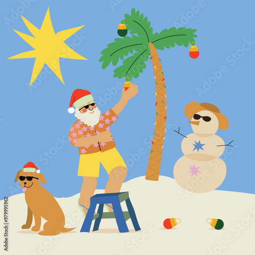 Natal Praia Brasileiro Papai Noel e Cachorro Caramelo