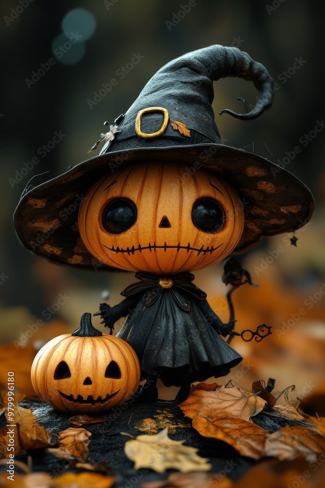 Fototapeta premium Adorable Halloween Witch with Pumpkins and Autumn Decorations