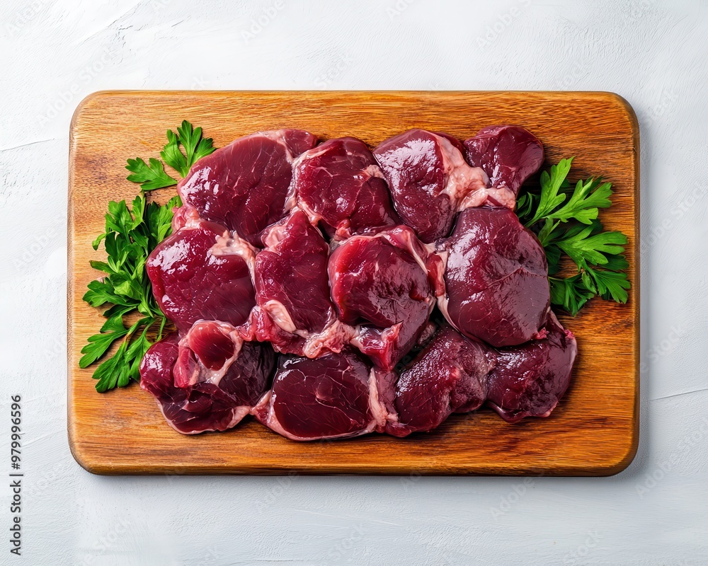 Uncooked pork kidneys on cutting board with light background Above view Uncooked pork kidneys on cutting board with light background Above view