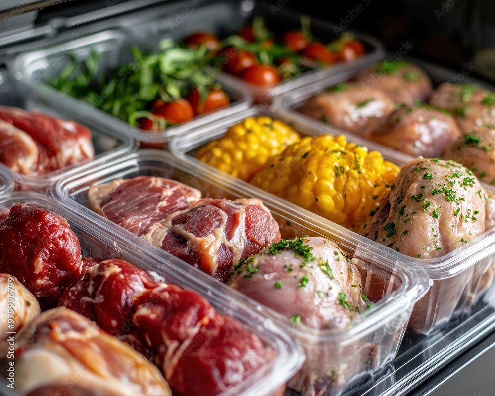 Various meats stored in the freezer Pork meat and chicken legs in freezing compartment Frozen groceries Various meats stored in the freezer Pork meat and chicken legs in freezing compartment Frozen groceries
