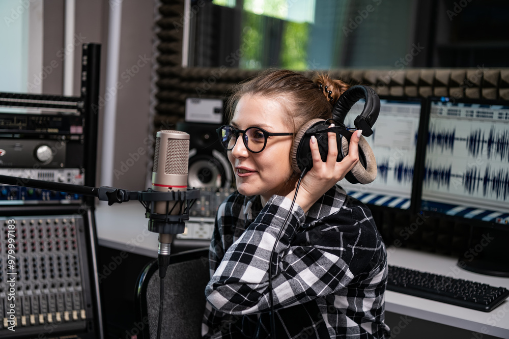 Portrait of a radio host working live in a radio studio with a microphone and headphones. Portrait of a radio host working live in a radio studio with a microphone and headphones.