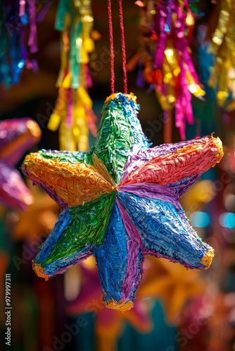 Close-up of a traditional star-shaped piñata, colourful and hanging ready to be broken during a Posada celebration.