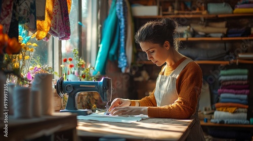 An artisan woman sewing fabric at a wooden table, using a traditional sewing machine