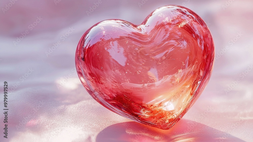 A red heart-shaped object sits on a white surface, reflecting light from above A red heart-shaped object sits on a white surface, reflecting light from above