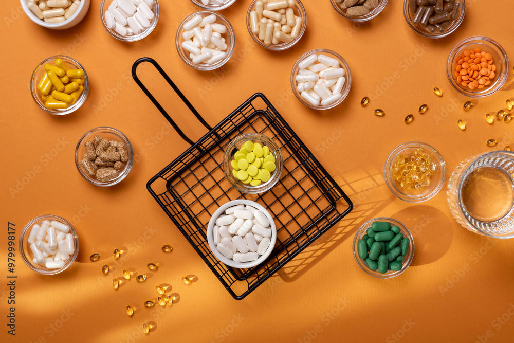 Colored pills and tablets of dietary supplements in small glass bowls and a glass of water from above on an orange background in sun rays. Groups of vitamins and minerals top view. Rustic style. Colored pills and tablets of dietary supplements in small glass bowls and a glass of water from above on an orange background in sun rays. Groups of vitamins and minerals top view. Rustic style.