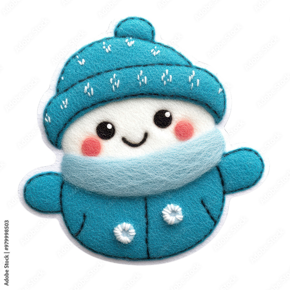 A cute, handmade snowman plush toy with a blue hat and scarf, perfect for winter decor and children's gifts., isolated on a transparent background. A cute, handmade snowman plush toy with a blue hat and scarf, perfect for winter decor and children's gifts., isolated on a transparent background.