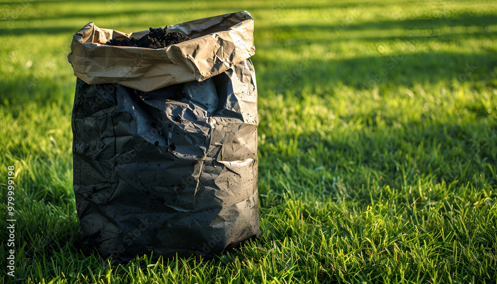 Large paper bag of biochar on grass field, symbolizing eco-friendly soil amendment Large paper bag of biochar on grass field, symbolizing eco-friendly soil amendment