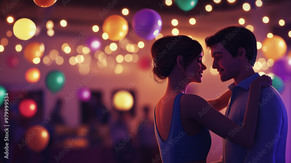 Illustration of romantic couple dancing at party. Illustration of romantic couple dancing at party.