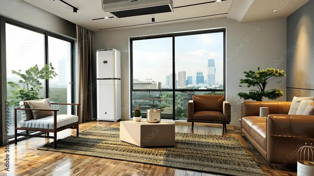 Modern living room design with a city view and stylish furniture in an apartment Modern living room design with a city view and stylish furniture in an apartment