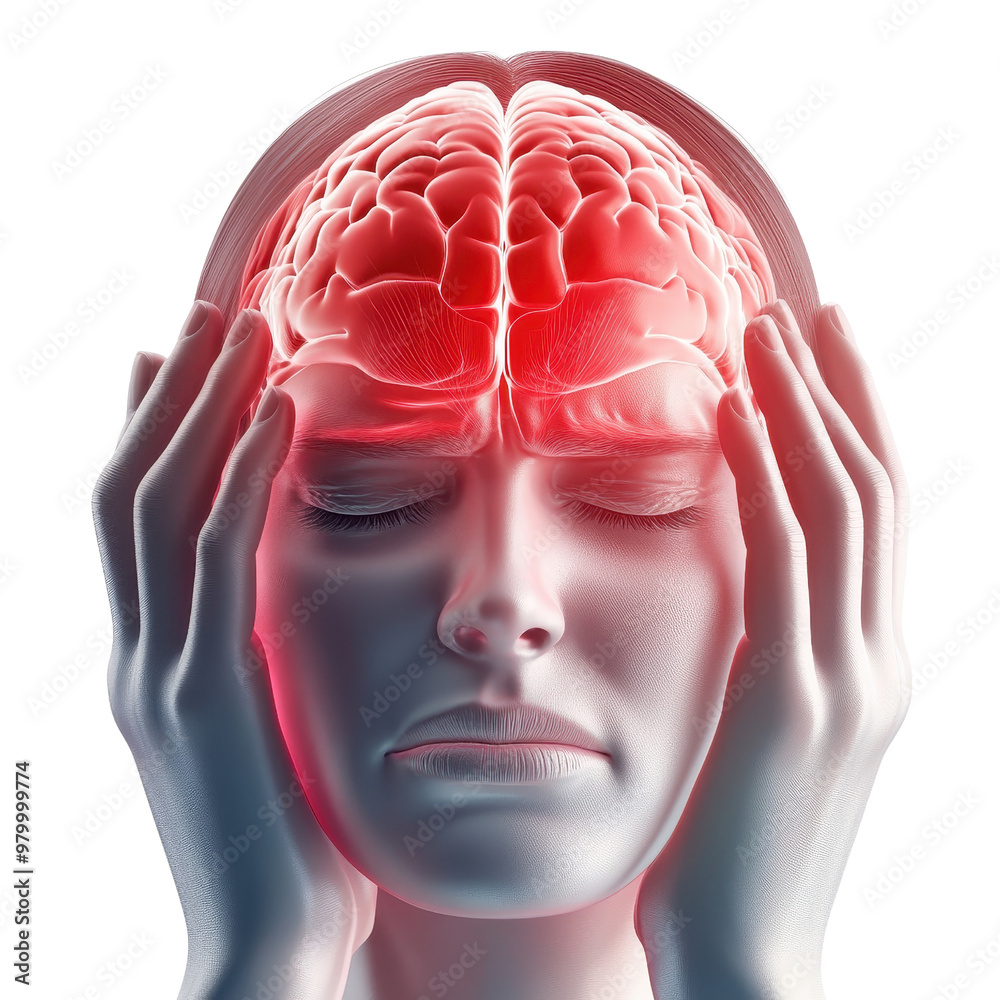 Obraz premium A woman experiencing a severe headache, symbolizing pain and discomfort, reflecting mental anguish and stress., isolated on a transparent background.