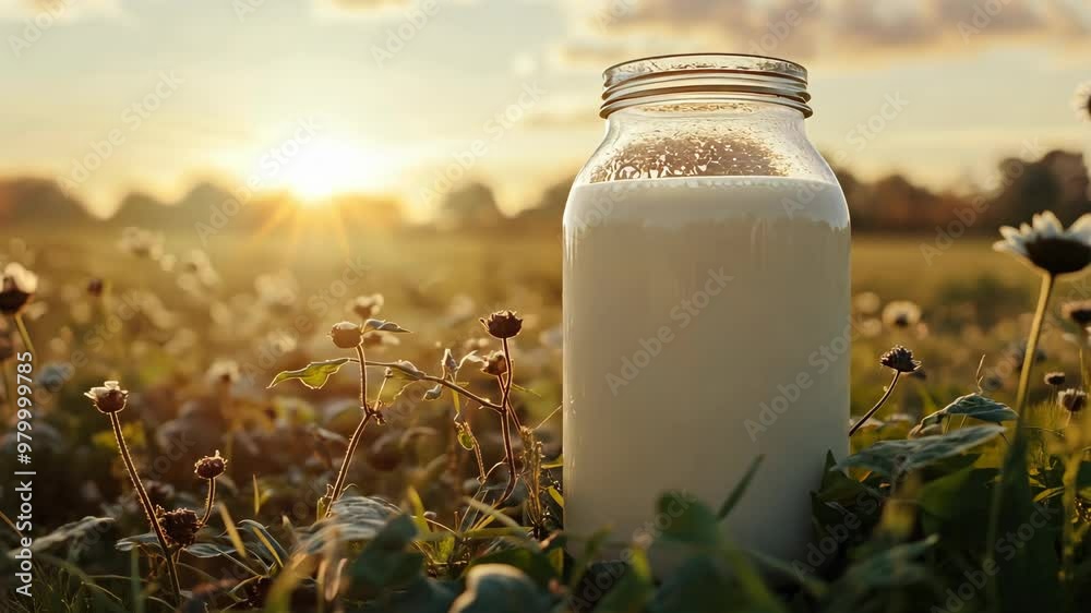 Fresh milk in a glass jar sits in a sunlit field surrounded by wildflowers at sunset in rural countryside Fresh milk in a glass jar sits in a sunlit field surrounded by wildflowers at sunset in rural countryside