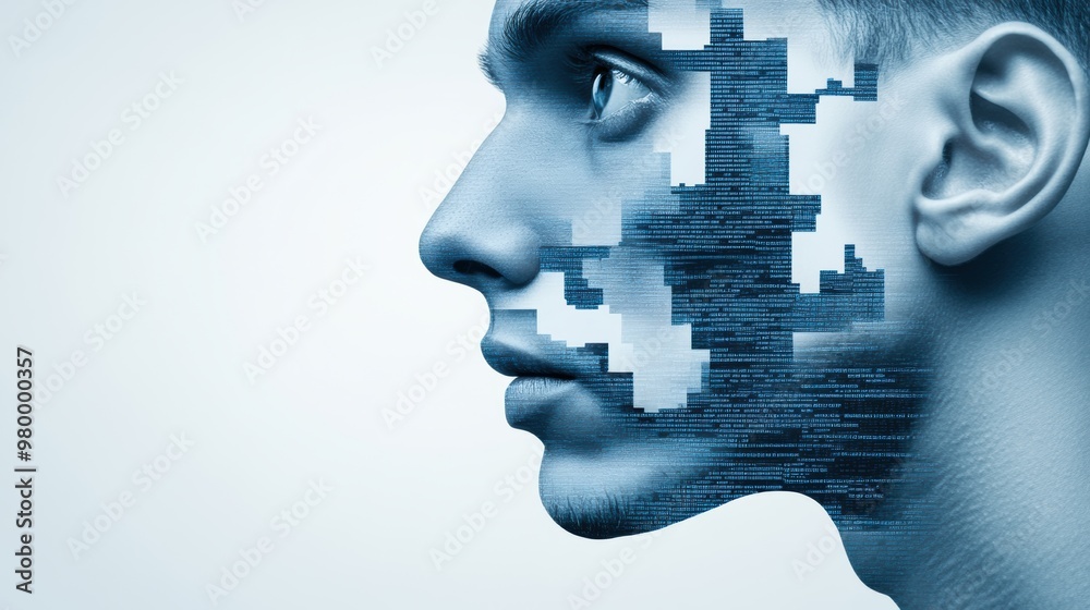 A man's face with a grid of pixels in the middle, AI A man's face with a grid of pixels in the middle, AI