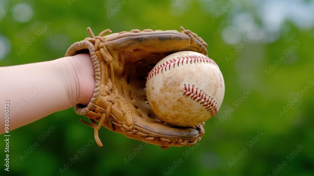 A person holding a baseball in their mitt with green trees behind them, AI A person holding a baseball in their mitt with green trees behind them, AI