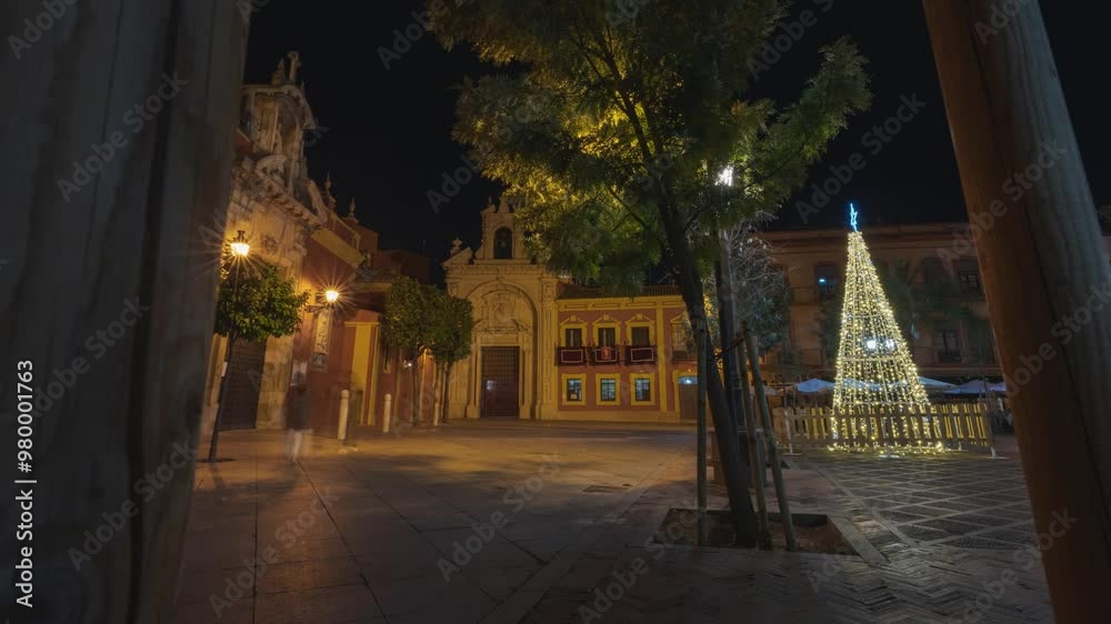 Timelapse Nocturno de la Iglesia del Gran Poder en Sevilla con Decoración Navideña e Iluminación Festiva