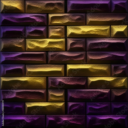 A mahogany wall with a futuristic feel. The bricks is a mix of yellows and purples with a smooth, shiny texture. with a traditional basketweave pattern with standard-sized bricks and colored mortar photo