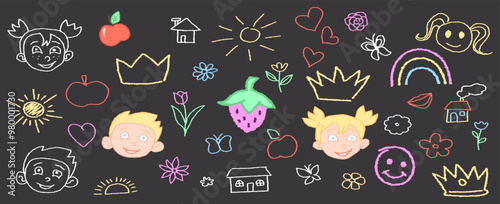 Kids like chalk drawing. School children drawing on chalkboard concept. Stock vector illustration in hand drawn style.