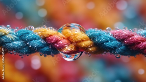 Creative Close-up of Colorful Wet Braided Rope with Water Droplets and Colorful Bokeh Background. photo