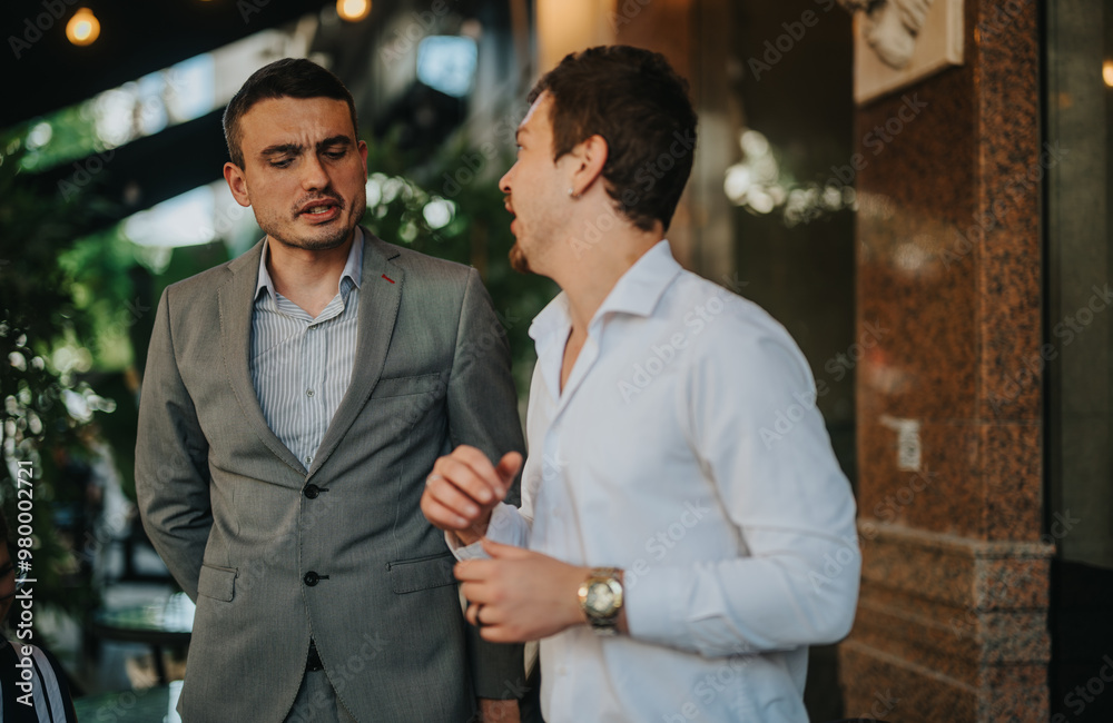 Two business professionals engaging in a conversation about sales strategies and marketing growth in a relaxed setting, showcasing teamwork and business insights. Two business professionals engaging in a conversation about sales strategies and marketing growth in a relaxed setting, showcasing teamwork and business insights.