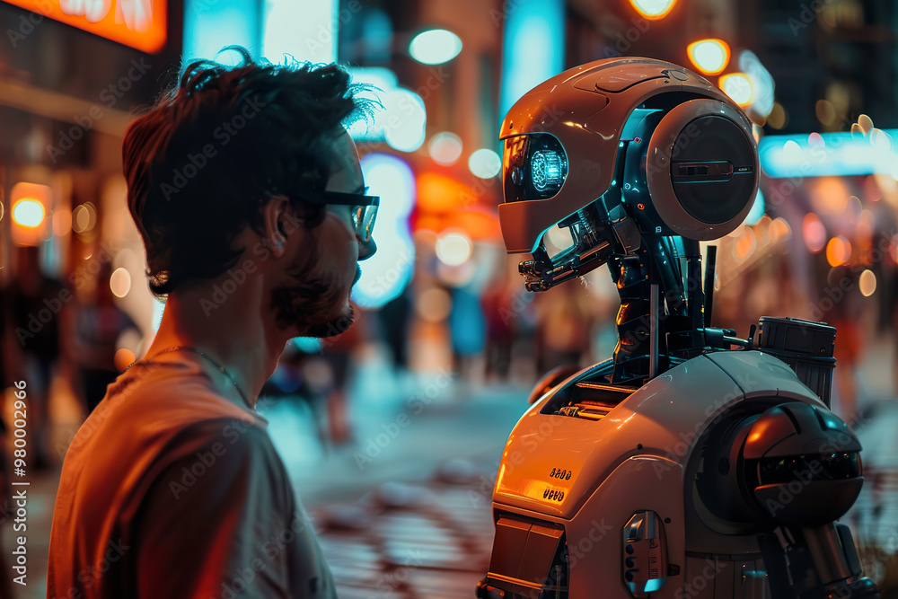 A man and a robot are standing in front of a building.,