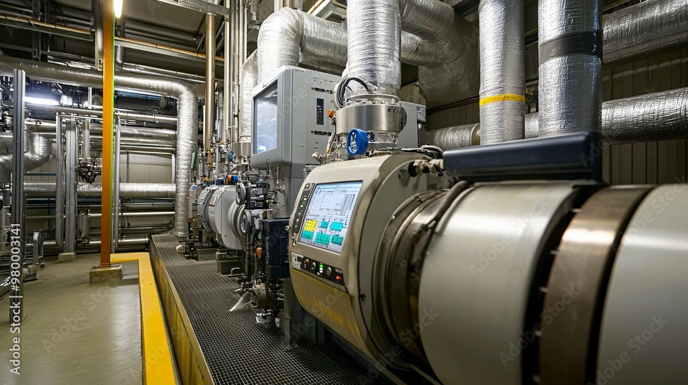Industrial Machine with Piping and Control Panel in a Factory Setting Industrial Machine with Piping and Control Panel in a Factory Setting