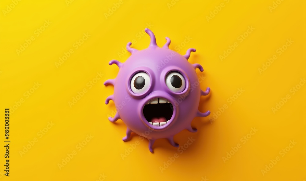 Fototapeta premium A vibrant purple cartoon virus character with exaggerated features against a bright yellow background, ideal for playful designs in health, education, or children's media.