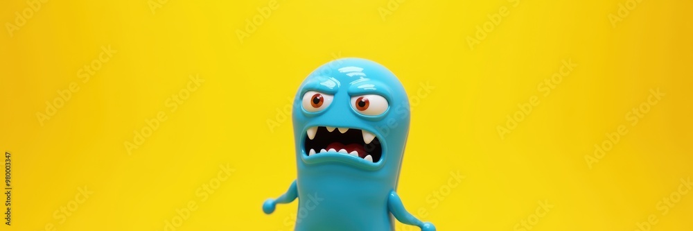 Obraz premium A playful, angry blue monster toy against a bright yellow background, perfect for children’s products, animation, or playful marketing campaigns.
