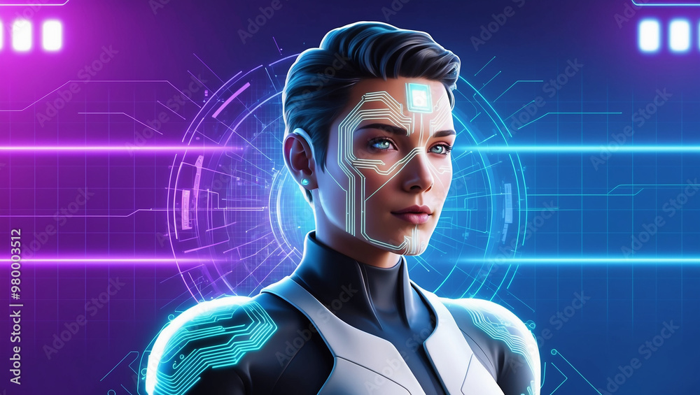 A futuristic cyborg woman with digital circuit patterns on her face and suit, set against a high-tech neon background, embodying advanced artificial intelligence and cybernetics. A futuristic cyborg woman with digital circuit patterns on her face and suit, set against a high-tech neon background, embodying advanced artificial intelligence and cybernetics.