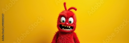 A playful red monster character with bright eyes and a wide grin against a vibrant yellow background, perfect for children’s content and playful marketing campaigns.