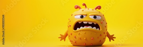 A vibrant, cartoonish monster with an angry expression against a bright yellow background, perfect for playful designs, children's content, or educational materials.