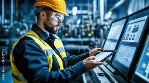 Factory Engineer Monitoring Digital Control Systems with Tablet in High-Tech Facility