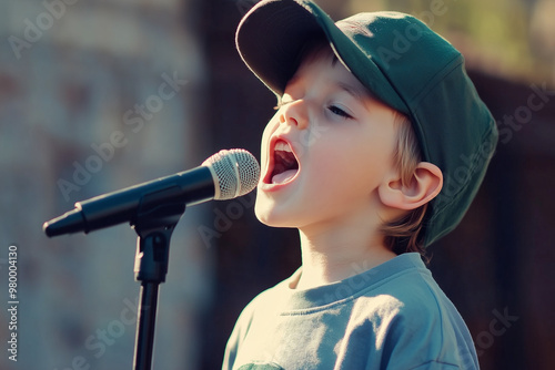 Junge mit Mütze singt in ein Mikrofon photo