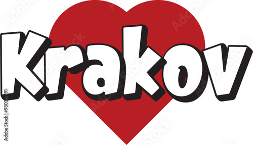Krakov city text design with red heart typographic icon design suitable for touristic promotion