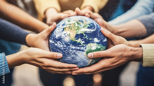 Group of People Holding Planet Earth Together Symbolizing Global Responsibility