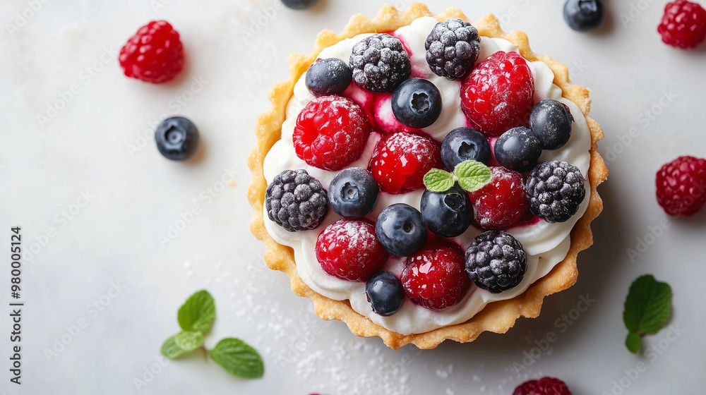 Berry tartlets with cream cheese, top view