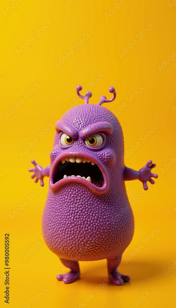 Naklejka premium A vibrant purple monster with an angry expression against a bright yellow background, perfect for children's products, animations, and playful branding.