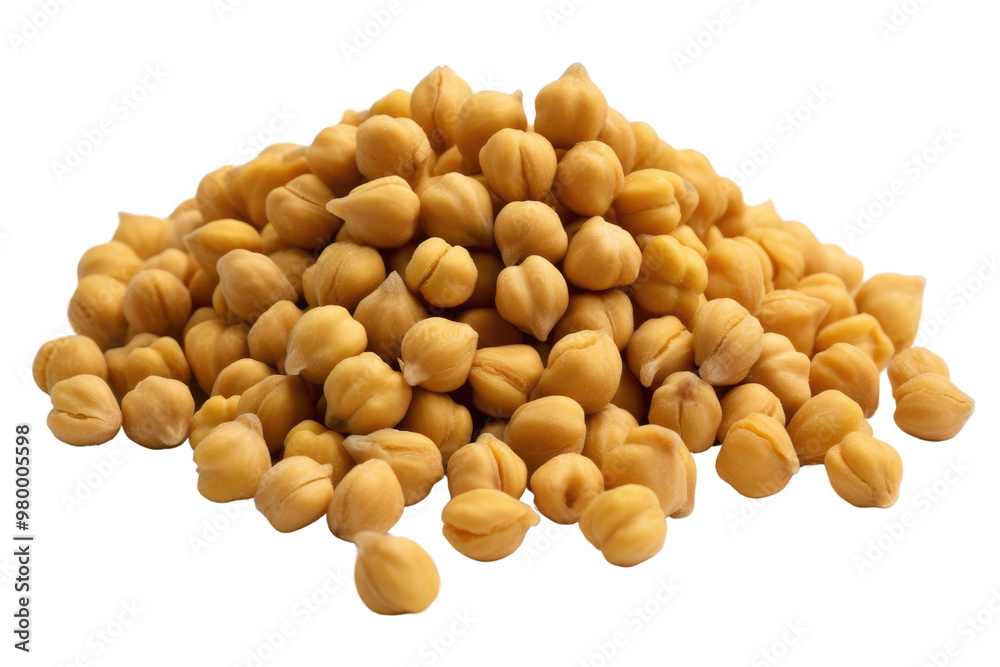 Dried chickpeas stacked in a neat pile, showcasing their beige color and round shape on a white background. Generative AI