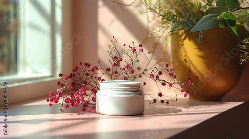 Natural light illuminating a small cream jar on a pastel pink surface next to delicate flowers and a green plant