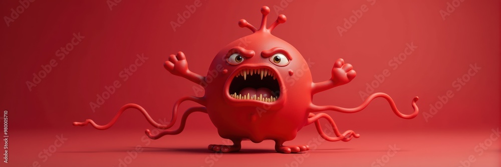 A quirky, menacing red virus character with arms and an angry expression, perfect for illustrating health themes or infection-related content. A quirky, menacing red virus character with arms and an angry expression, perfect for illustrating health themes or infection-related content.