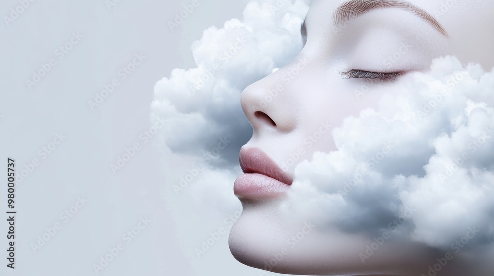 A woman with clouds in her eyes and a white face, AI A woman with clouds in her eyes and a white face, AI