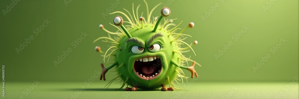 Fototapeta premium Cartoonish angry virus character on green background, ideal for health-related projects, educational materials, and creative illustrations.