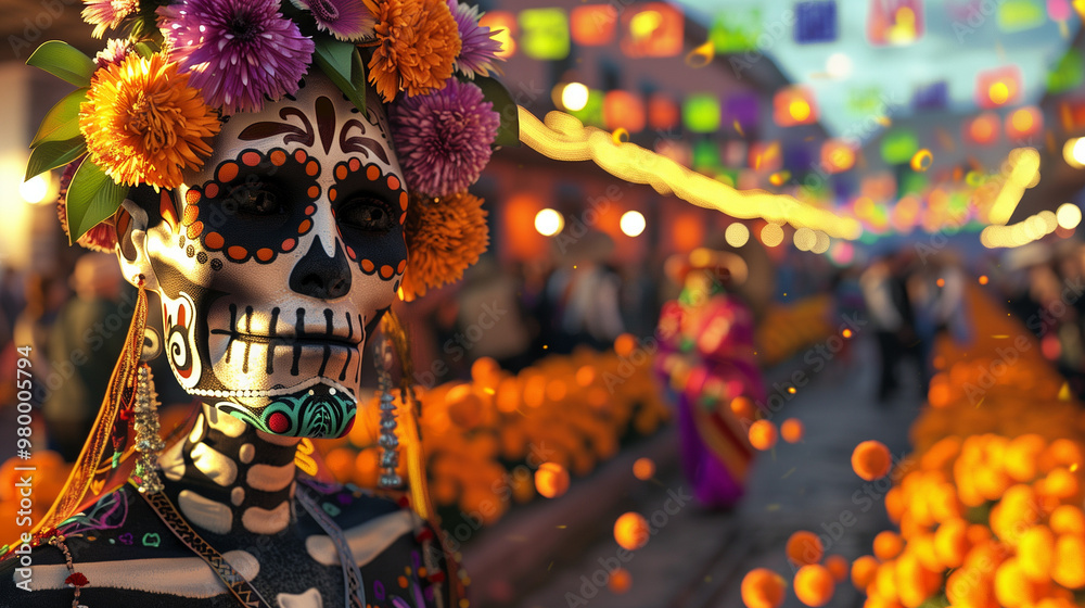 Naklejka premium Día de los muertos celebration with woman in sugar skull makeup.