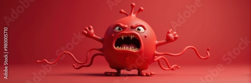 A quirky, menacing red virus character with arms and an angry expression, perfect for illustrating health themes or infection-related content.